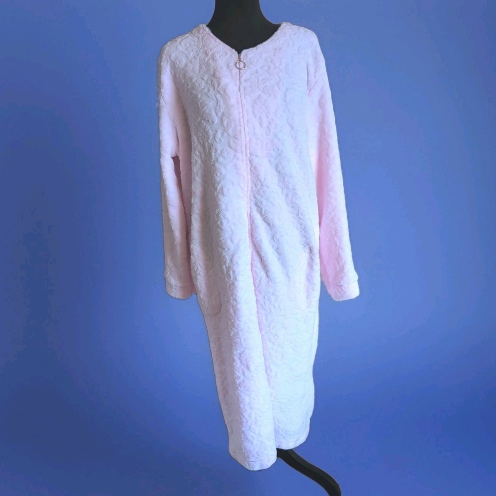 Laura Ashley Pink Damadk‎ Soft Plush Zip Up House Coat Long Sleeve Pockets L/XL